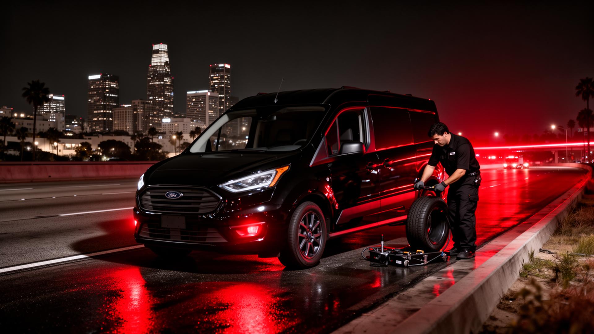White Ford Transit Connect 2025 250 mobile tire service van on a Los Angeles highway at night